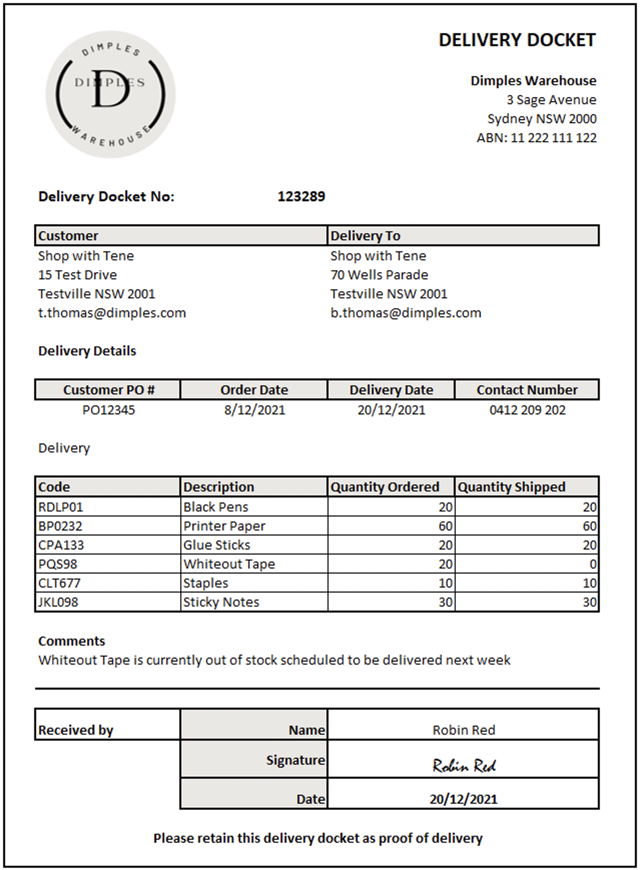 An example delivery docket